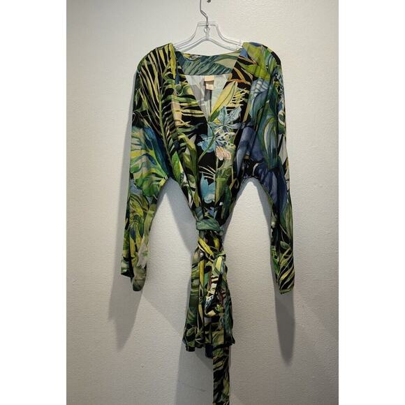 H&M Small Green Tropical Belted Kaftan Dress Birds Resort Parrot Vacation Travel - Picture 11 of 12